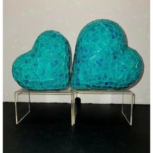Vintage Teal Mosaic Art Glass Hearts Set Of 2 Tabletop 6"+ 5" Paperweight Decor